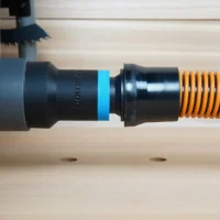 Black ToolCurve 1-1/4 inch hose adapter with blue band linking a Ryobi table saw dust port to an orange hose