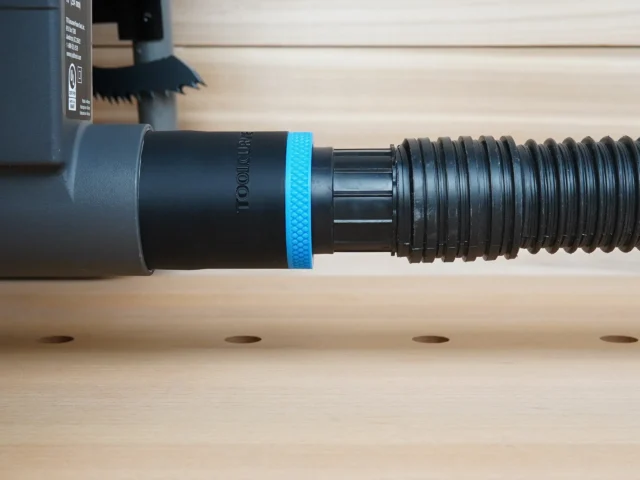 Black ToolCurve 1-7/8 in hose adapter with blue ring joining a ribbed vacuum hose to a Ryobi table saw dust port