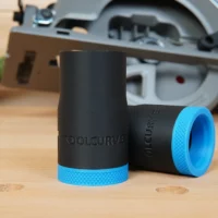 Black plastic hose adapter with blue textured grip ring and ToolCurve branding, shown standalone and attached next to a Milwaukee circular saw