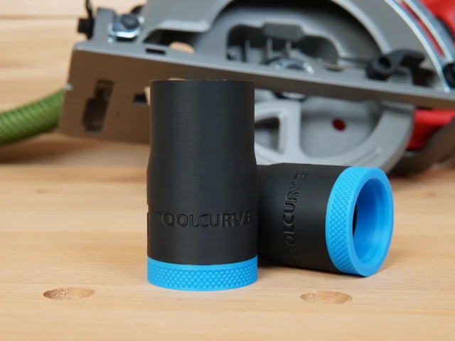 Black plastic hose adapter with blue textured grip ring and ToolCurve branding, shown standalone and attached next to a Milwaukee circular saw