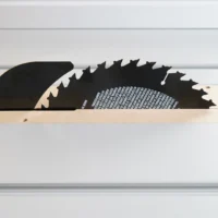 Natural wood insert with two black saw blades displayed in slots, mounted on a Festool track saw table