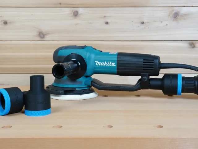 Black and blue ToolCurve 1-7/8 inch hose adapter shown twice beside a Makita random orbit sander, one joined to a vacuum hose