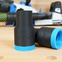 Two black ToolCurve hose adapters with blue textured grip bands, one shown straight-on and one angled, labeled for Kreg Rebel pocket hole joiner