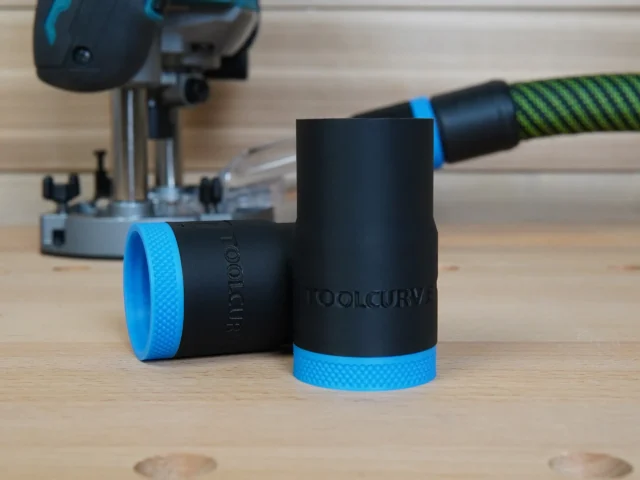 Black ToolCurve hose adapter with blue grip bands, shown standalone and installed on Makita 40v XGT cordless plunge router in background
