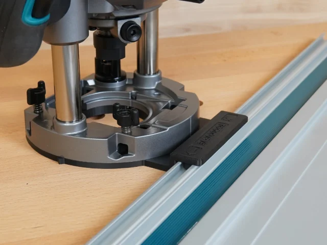Guide rail adapter mounted on a Makita 40v router, secured to a Festool-style track saw rail