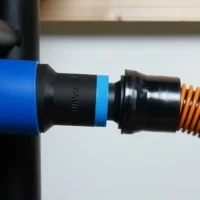 Black ToolCurve 1-1/4 inch hose adapter with blue band joining a Delta table saw port to an orange vac hose