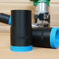 Black ToolCurve hose adapter with blue grip band, shown standalone and paired with matching adapter, labeled for Metabo HTP router compatibility