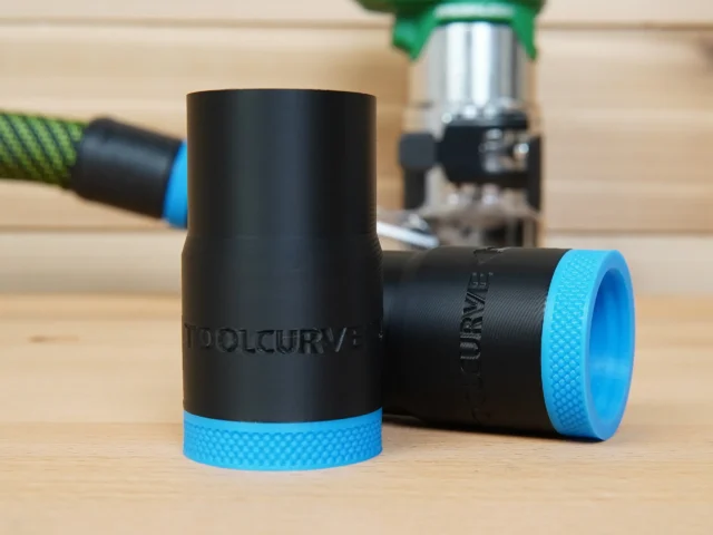 Black ToolCurve hose adapter with blue grip band, shown standalone and paired with matching adapter, labeled for Metabo HTP router compatibility