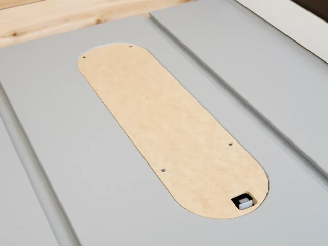 Dado zero clearance MDF insert seated uncut in a SawStop Jobsite PRO table saw with adjustment screws