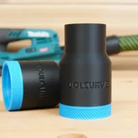 Black ToolCurve hose adapter with blue textured grip rings, shown with tapered and straight ends for Makita 40v XGT 6in Sander compatibility