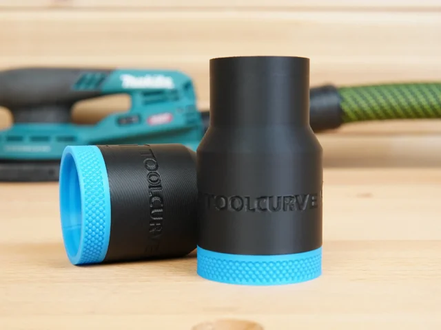 Black ToolCurve hose adapter with blue textured grip rings, shown with tapered and straight ends for Makita 40v XGT 6in Sander compatibility