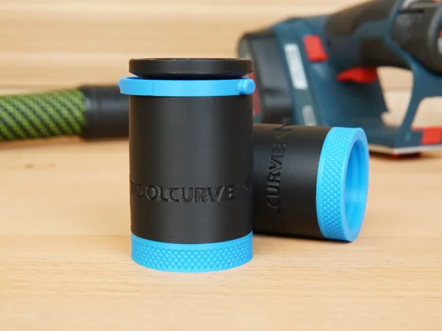 ToolCurve hose adapter for Bosch 12V MAX EC Brushless Planer with blue band and black body, shown alone and installed on tool in background