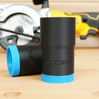 Black ToolCurve hose adapter with blue grip bands, shown alongside compatible power tools including a DeWalt circular saw