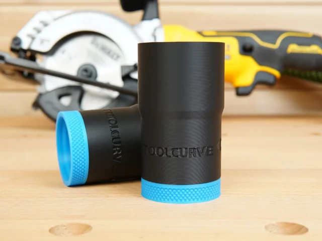 Black ToolCurve hose adapter with blue grip bands, shown alongside compatible power tools including a DeWalt circular saw