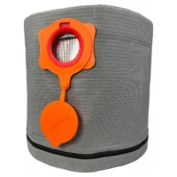 Gray polyester dust bag with orange plastic collar and cap, shown flat with elastic opening and zipper base visible