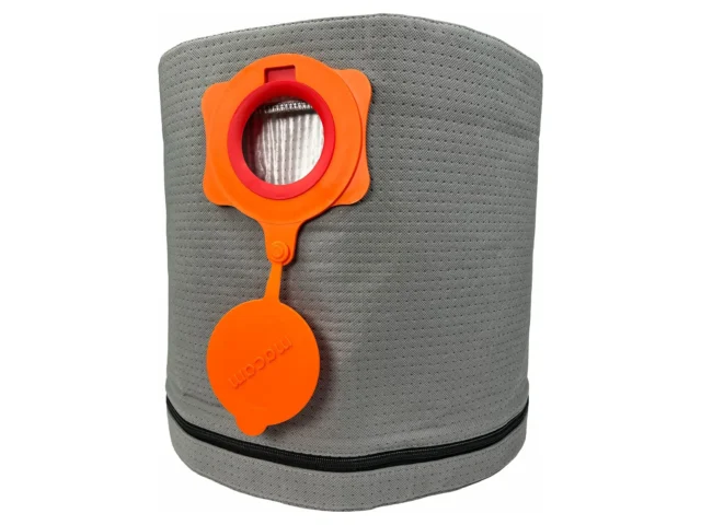 Gray polyester dust bag with orange plastic collar and cap, shown flat with elastic opening and zipper base visible