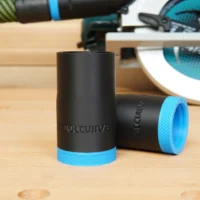 Black ToolCurve hose adapter with blue grip rings, shown standalone and mounted, for Makita 36v circular saw dust port
