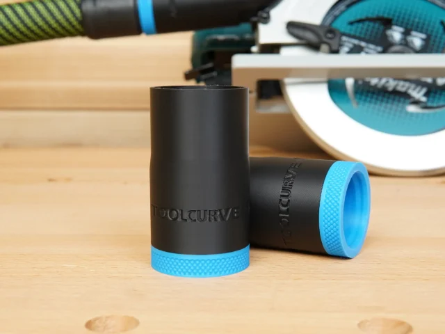 Black ToolCurve hose adapter with blue grip rings, shown standalone and mounted, for Makita 36v circular saw dust port