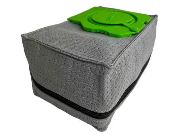 Gray fabric reusable dust bag with green plastic lid attachment, designed for CTL SYS extractors