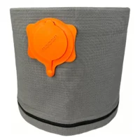 Gray polyester reusable dust bag with orange plastic top clip labeled macam, elastic opening for securing to shop-vac inlet