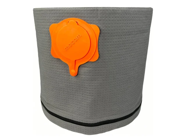 Gray polyester reusable dust bag with orange plastic top clip labeled macam, elastic opening for securing to shop-vac inlet