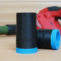 Black hose adapter with blue grip ring, labeled ToolCurve, displayed standalone alongside similar adapters and a red Milwaukee cordless planer