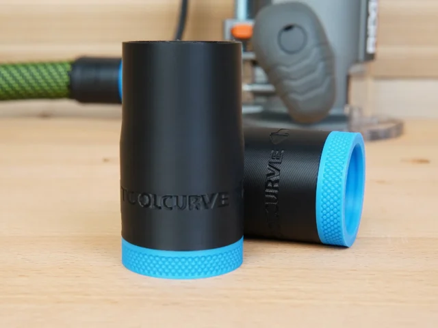 Black ToolCurve hose adapter with blue grip ring for Ridgid 2 HP router, shown standalone and installed on router in background
