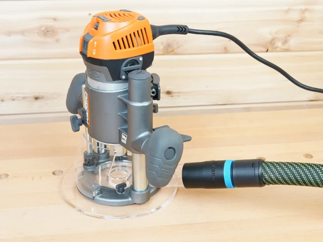 Hose adapter attached to orange and gray Ridgid 2 HP router with 27mm Festool hose connected