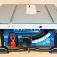 Zero clearance insert installed on Hercules 10-inch table saw, showing white MDF insert flush with saw table and adjustment screw