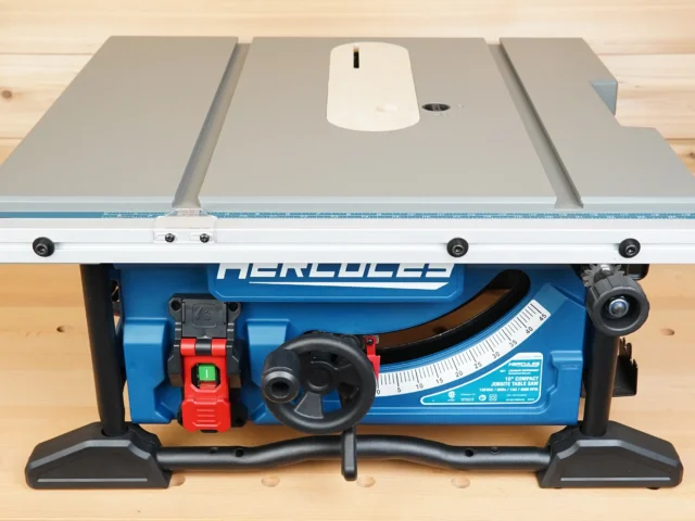 Zero clearance insert installed on Hercules 10-inch table saw, showing white MDF insert flush with saw table and adjustment screw