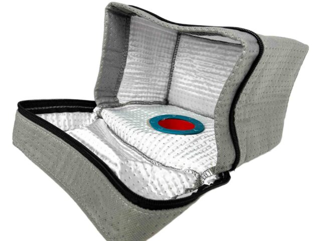 Macam reusable dust bag for Miele vacuums, shown open with gray exterior, white quilted interior, and blue circular seal on the filter