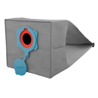 Macam reusable dust bag with blue adapter and red ring attachment, gray fabric construction shown from side view