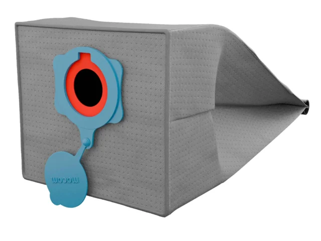 Macam reusable dust bag with blue adapter and red ring attachment, gray fabric construction shown from side view