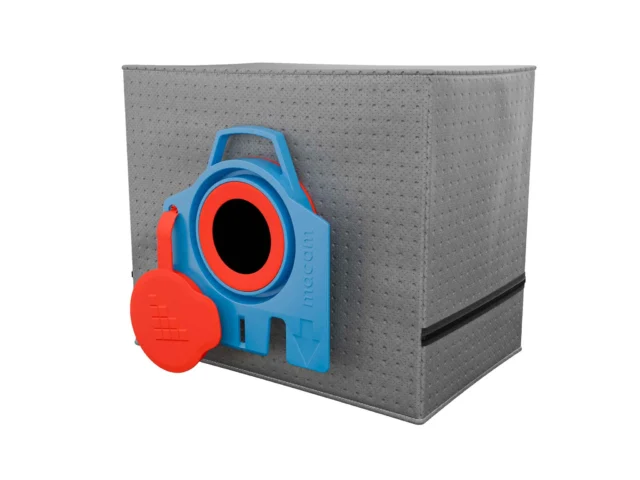 Blue and red reusable dust bag for Miele vacuums next to gray fabric storage container