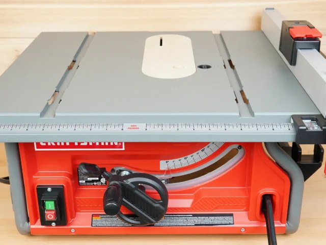 Zero clearance insert installed on Craftsman CMX 10" table saw, showing white MDF top with center blade slot and adjustment screws