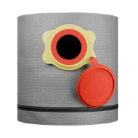 Macam grey reusable polyester dust bag for Dewalt shop vacs, showing yellow inlet collar with red cap open