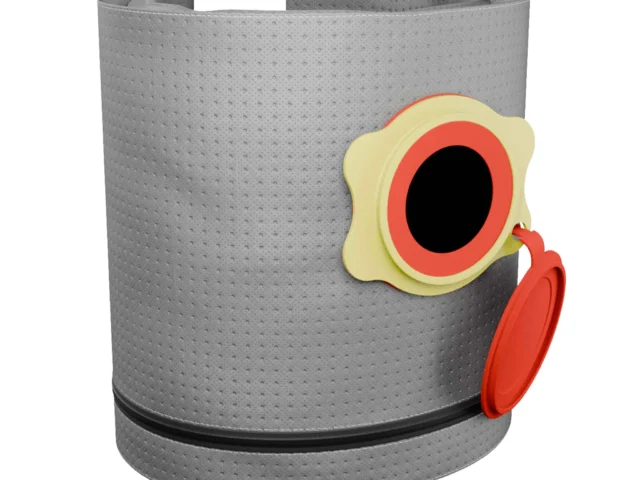 Gray polyester reusable dust bag with yellow and red plastic collar and red rubber seal clip for DeWalt shop vacs