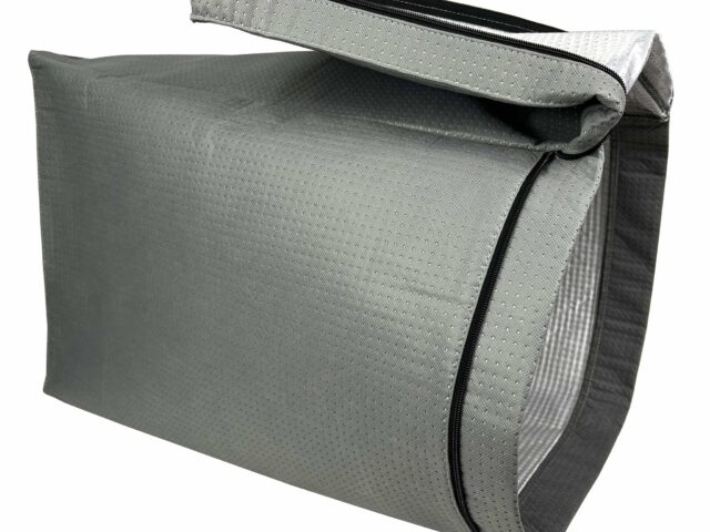 Macam Reusable Longlife Filter Bag for CT 48, gray three-layer polyester with black zipper and handle, shown rolled open