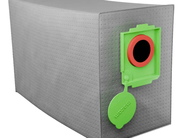 Macam reusable filter bag for Festool CT 48 dust extractor, showing green clip-on housing with red ring and gray perforated collection bag