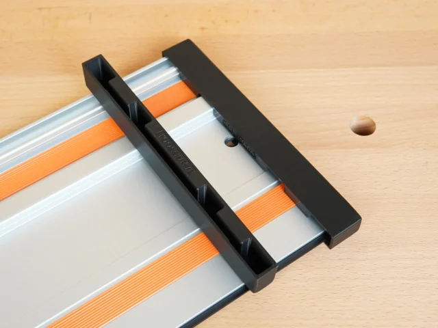 Black PETG protective caps fitted over each end of a Wen guide rail with orange and white straps, shown on a wooden surface