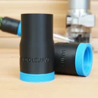 Black plastic hose adapter with blue grip band, labeled ToolCurve, shown disassembled and assembled for Kreg 20v Trim Router