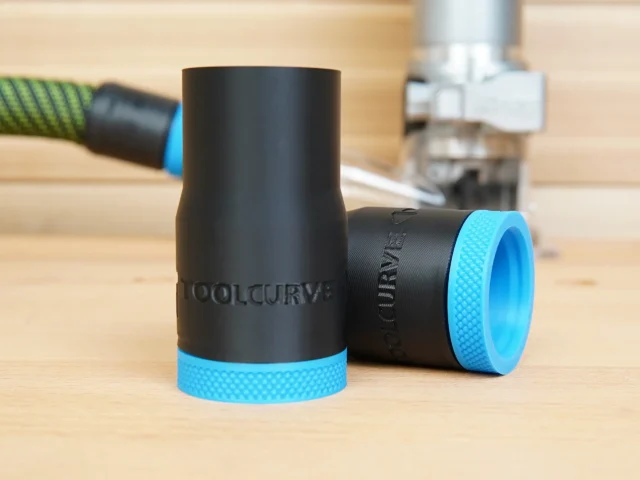 Black plastic hose adapter with blue grip band, labeled ToolCurve, shown disassembled and assembled for Kreg 20v Trim Router