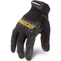 Black Ironclad Box Handler glove, back-of-hand view with yellow logo, hexagon padding and knuckle guard