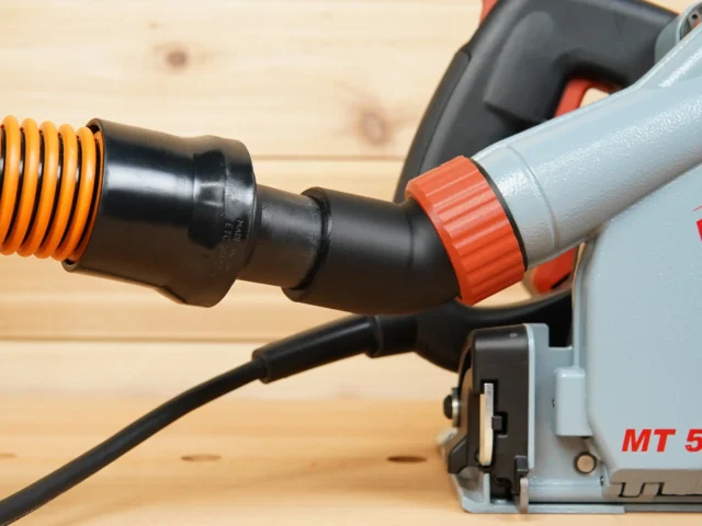 No Snag Dust Port adapter attached to a Mafell track saw, with yellow and black hose connected and angled upward away from the saw