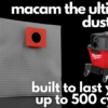 Gray fabric reusable dust bag with red port connector, shown next to Milwaukee wet-dry vacuum for scale