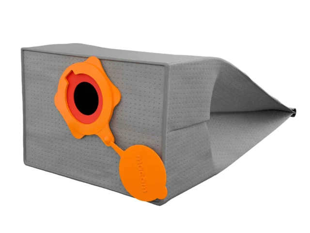 Macam reusable dust bag for FEIN Turbo extractors, gray fabric with orange plastic top ring, lid, and carrying handle