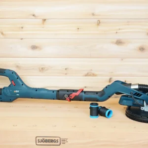 Two black and blue ToolCurve hose adapters on a workbench beside a blue Bosch 9in drywall sander with hose