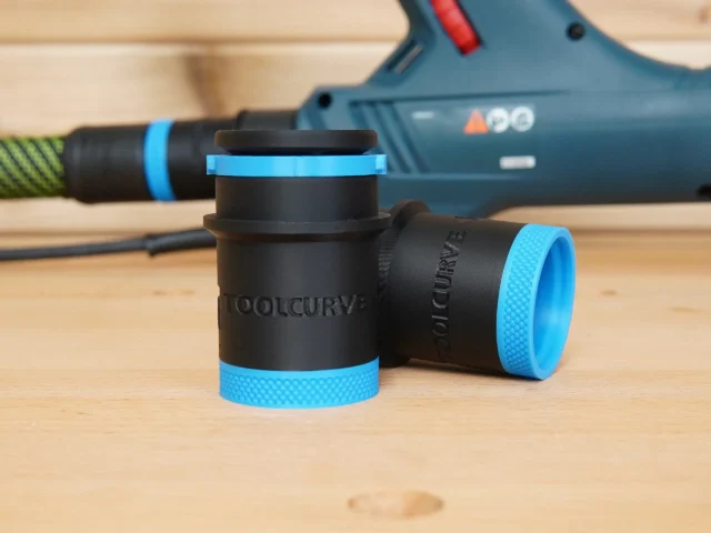 ToolCurve hose adapter with black body and blue grip bands, shown standalone and attached to Bosch drywall sander in background
