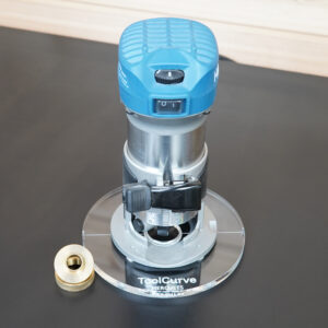 6-inch round clear acrylic router base plate for Hercules trim router, shown installed on router with brass guide bushing adapter displayed separately
