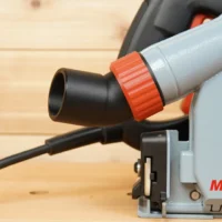 No Snag Dust Port adapter attached to Mafell track saw, angling black hose upward with red grip collar